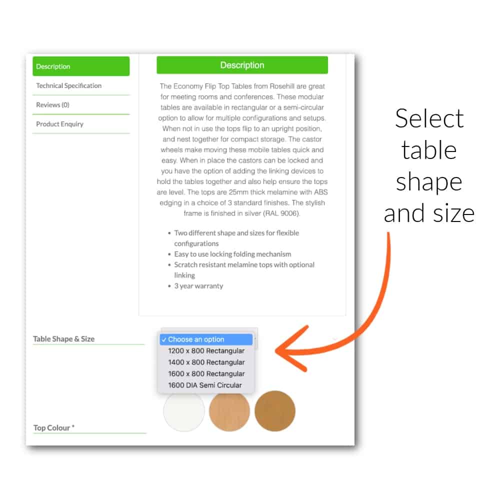 Table size selector